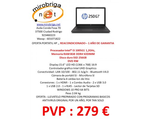 PORTATIL HP 250 G7 - REACONDICONADO - I3 10ª-8-256SSD-15.6"